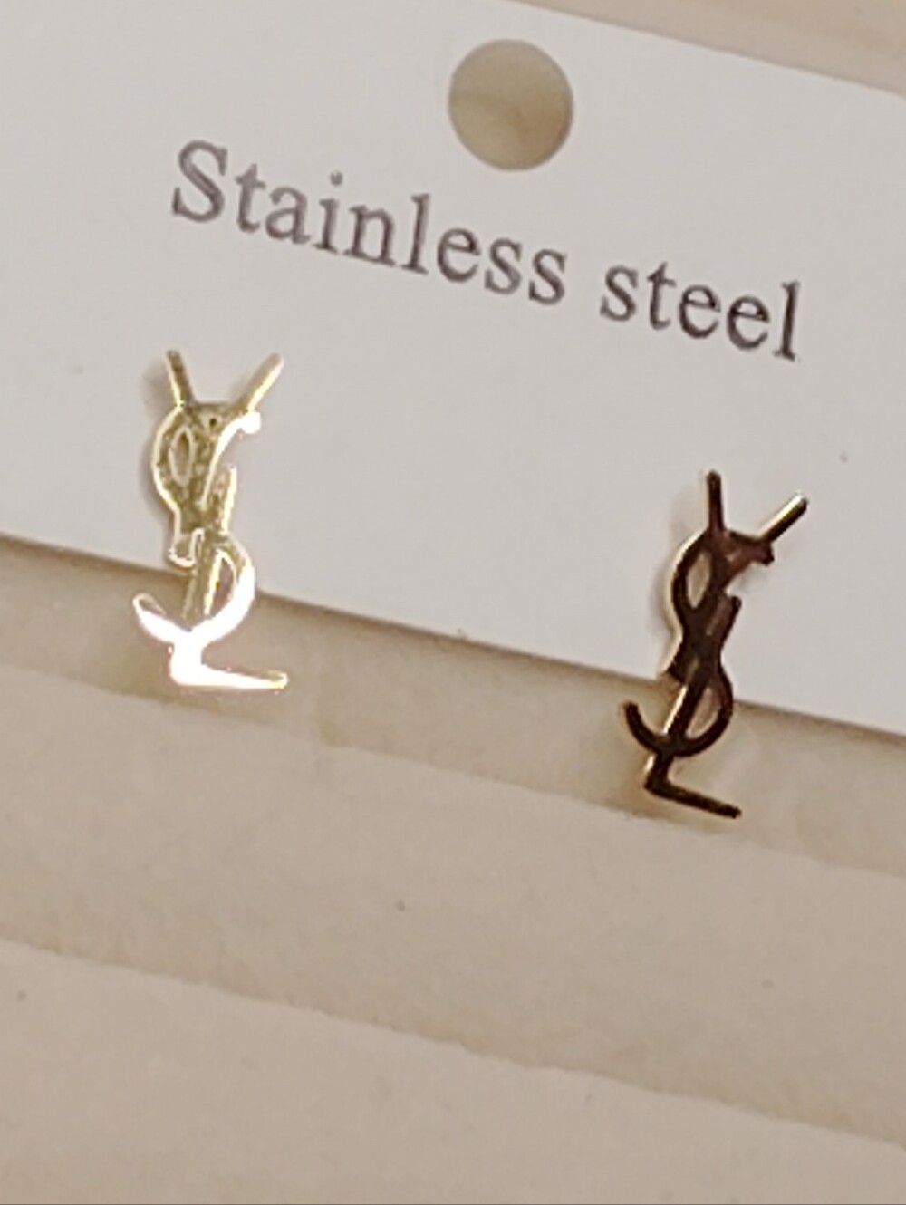 Gold Tone Stainless Steel YSL Logo Stud Earrings - Stainless Steel